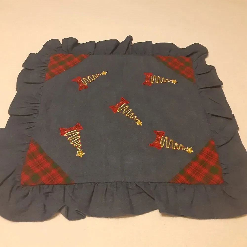 Handmade Embroidered Tartan Ruffled Zip Pillow Case Denim Tone Christmas